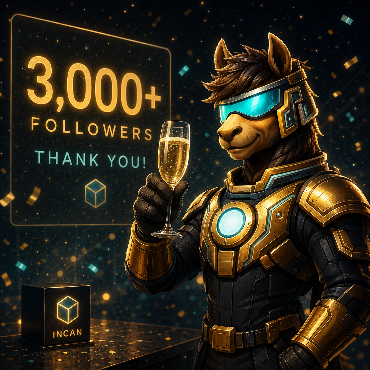 Incus wearing gold armor and a cyan visor, raising a glass in celebration